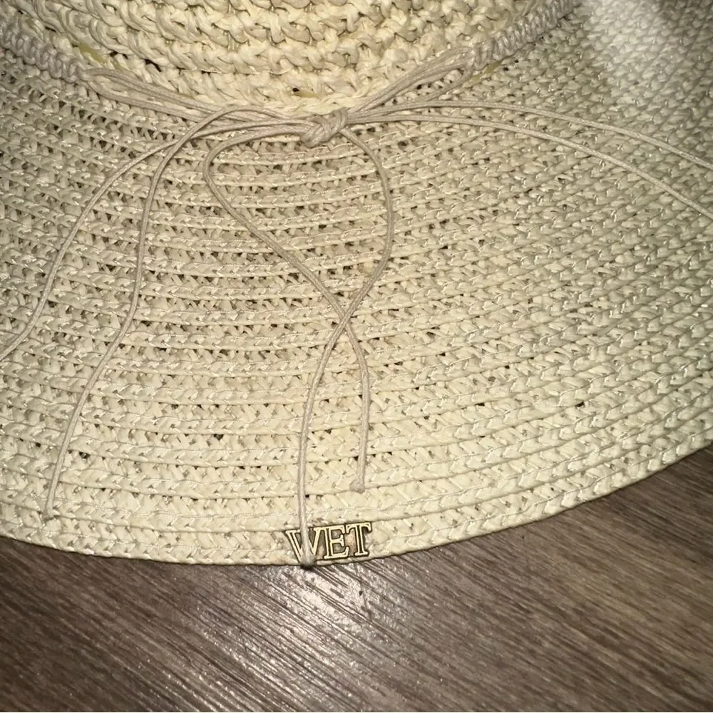 WET Coastal Headwear Wide Brim Straw Sun Hat with Bead Accents  handmade sz M